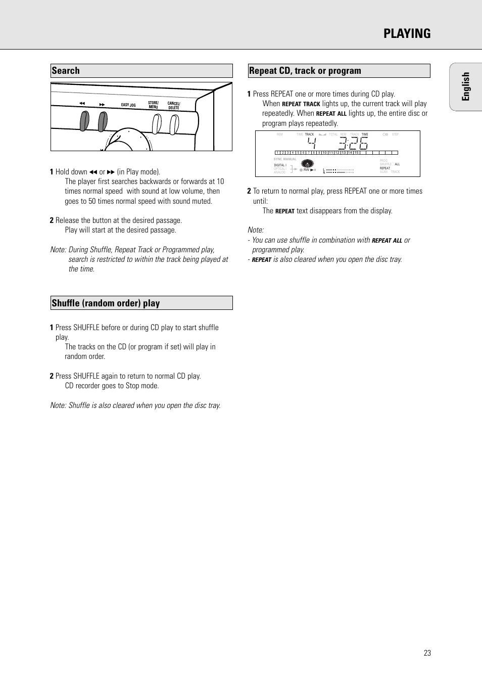 Playing, English, Search | Or programmed play, Is also cleared when you open the disc tray | Philips CDR770BK User Manual | Page 17 / 24