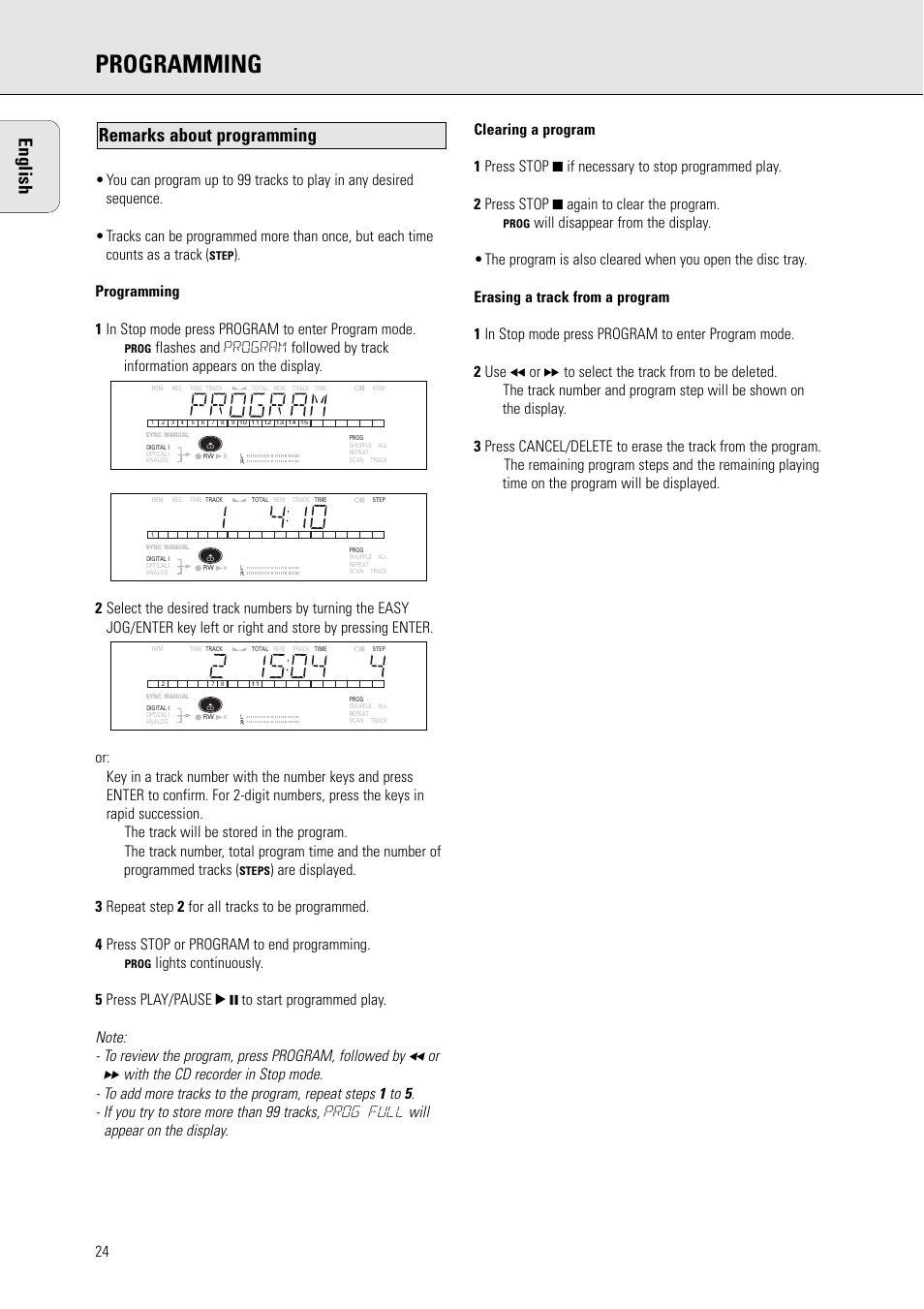 Programming, English, Remarks about programming | Philips CDR770BK User Manual | Page 18 / 24