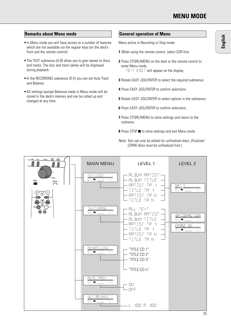 Menu mode, English, General operation of menu remarks about menu mode | Ab c d e, Text edit, Text erase, Auto track, Set balance | Philips CDR770BK User Manual | Page 19 / 24