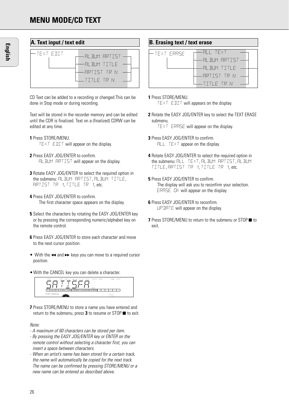 Menu mode/cd text, English, B. erasing text / text erase | A. text input / text edit | Philips CDR770BK User Manual | Page 20 / 24