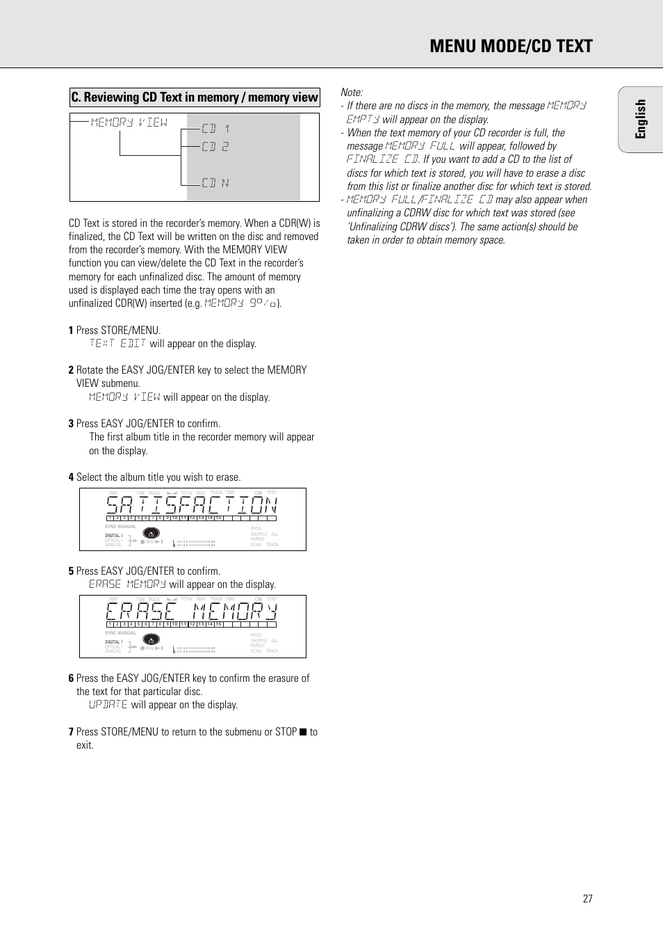 Menu mode/cd text, English | Philips CDR770BK User Manual | Page 21 / 24