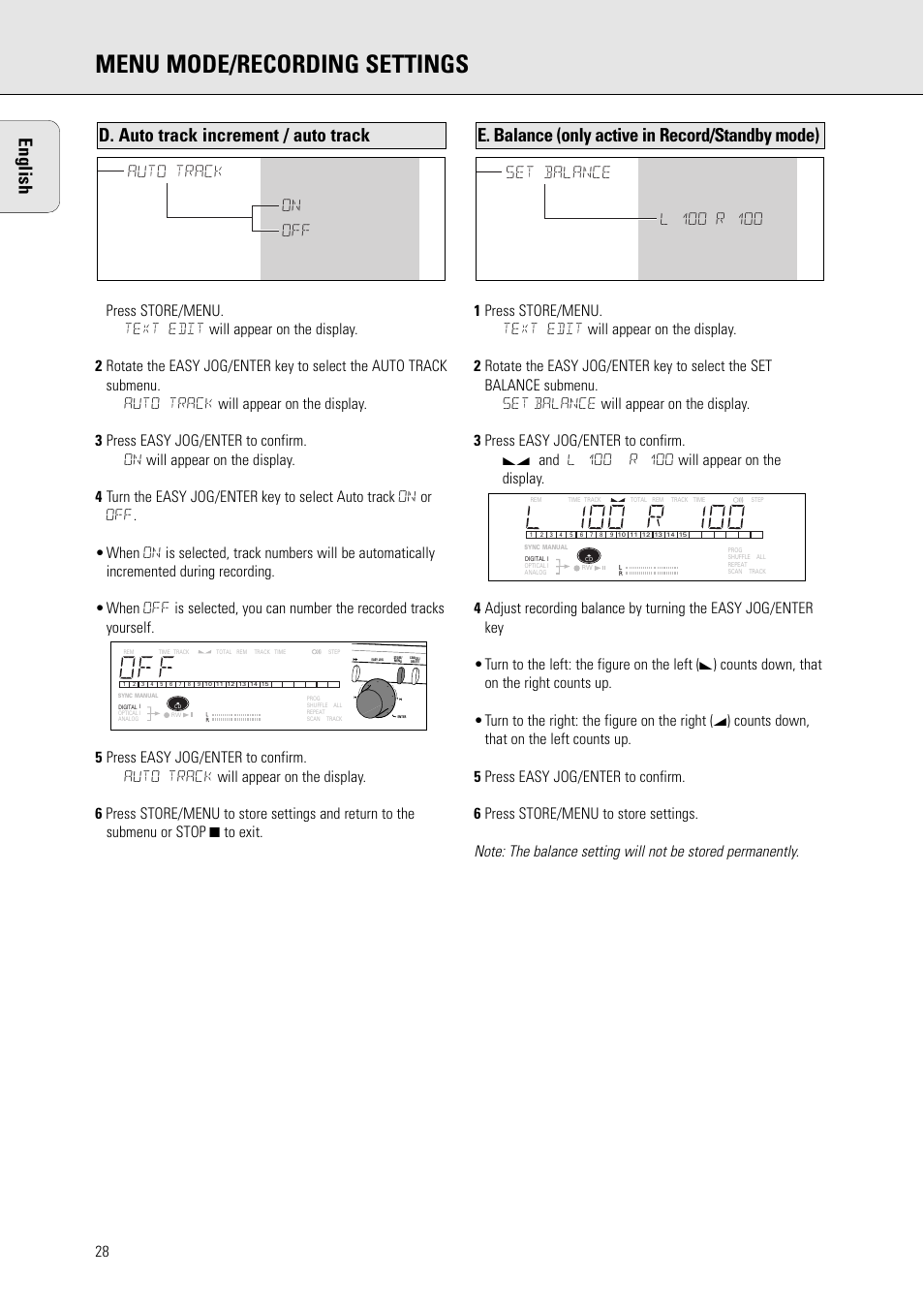 Menu mode/recording settings, E. balance (only active in record/standby mode), D. auto track increment / auto track | English, Auto track on off | Philips CDR770BK User Manual | Page 22 / 24