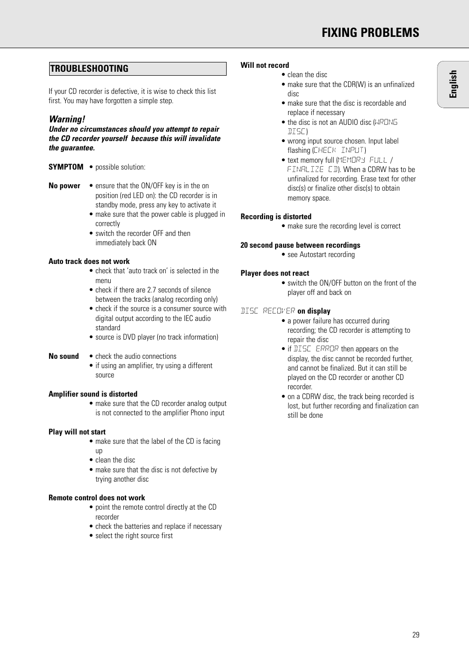 Fixing problems | Philips CDR770BK User Manual | Page 23 / 24