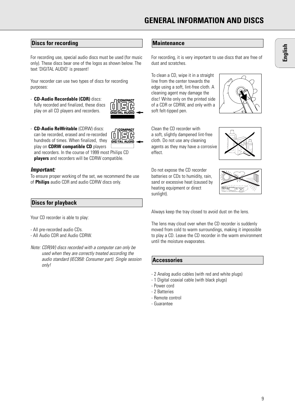 General information and discs, English, Important | Accessories, Maintenance discs for playback, Discs for recording | Philips CDR770BK User Manual | Page 3 / 24