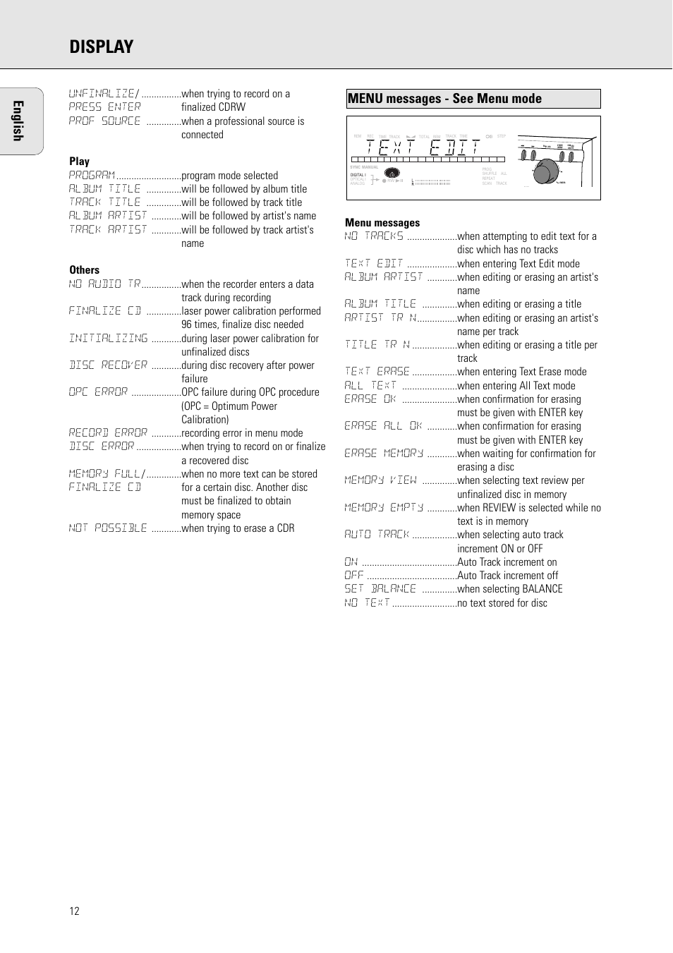 Display, English, Menu messages - see menu mode | Philips CDR770BK User Manual | Page 6 / 24