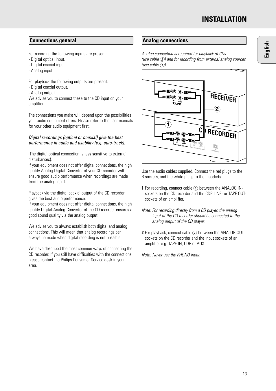 Installation, Cd recorder, Receiver | English, Analog connections connections general | Philips CDR770BK User Manual | Page 7 / 24