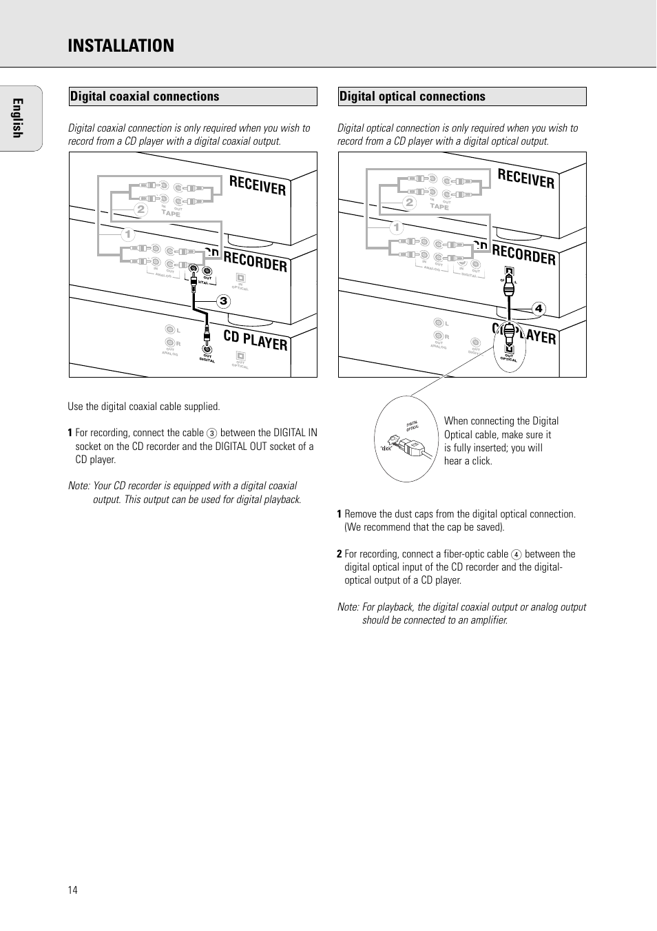 Installation, Cd pla yer, Cd recorder | Receiver, English, Digital optical connections, Digital coaxial connections | Philips CDR770BK User Manual | Page 8 / 24