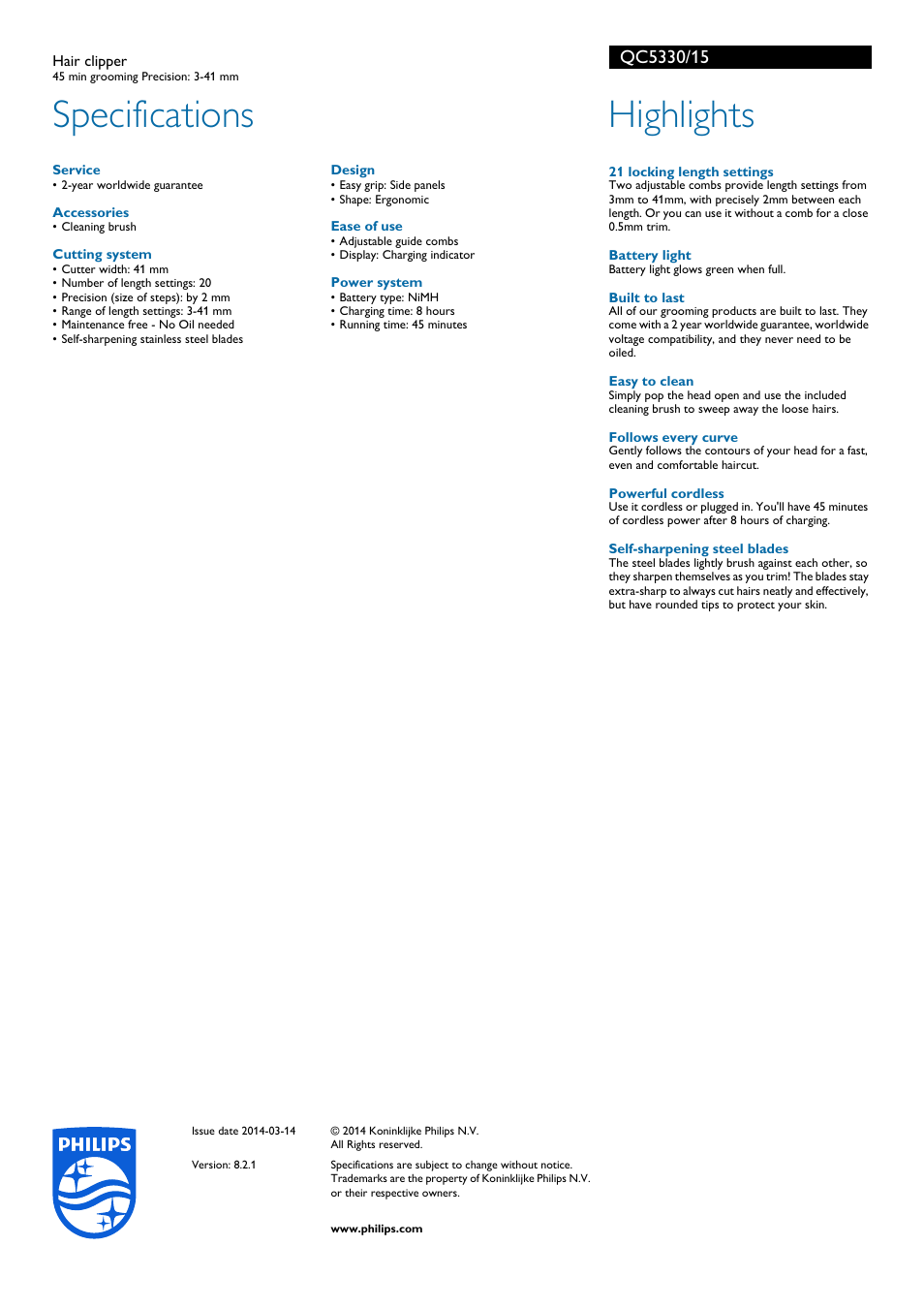 Specifications, Highlights | Philips QC5330-15 User Manual | Page 2 / 2