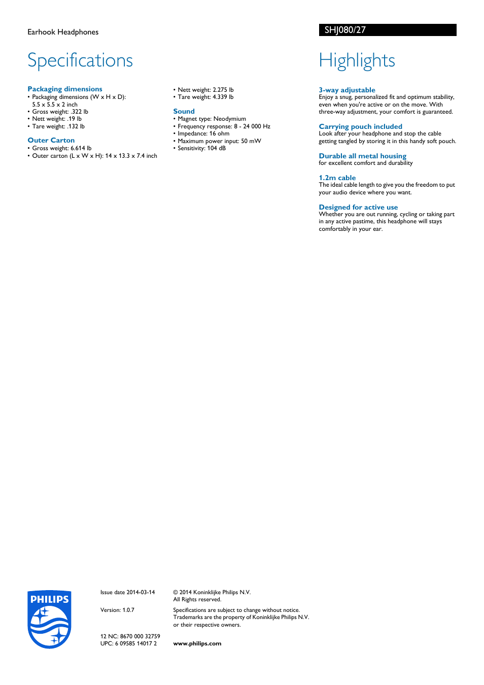 Specifications, Highlights | Philips SHJ080-27 User Manual | Page 2 / 2