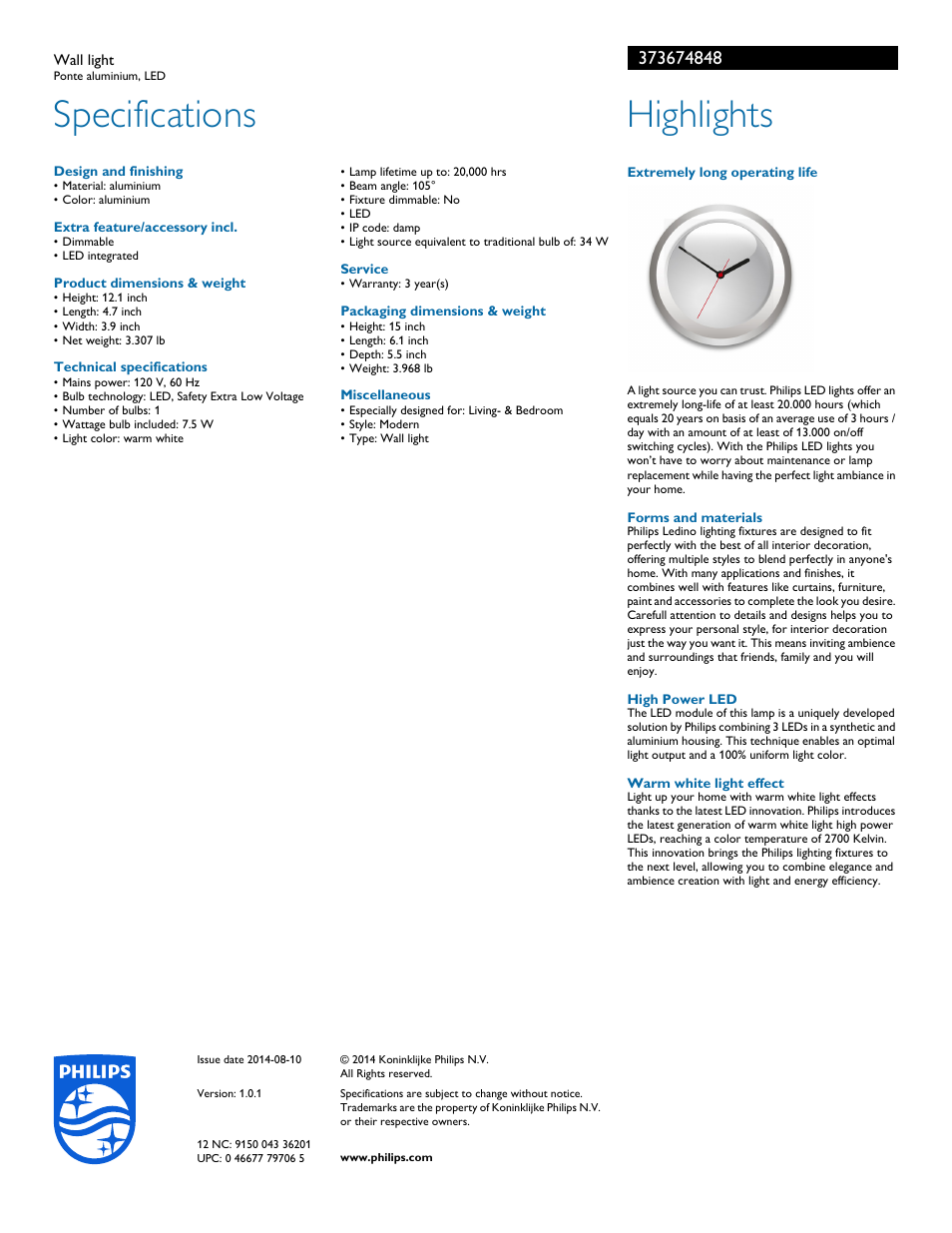 Specifications, Highlights | Philips 373674848 User Manual | Page 2 / 2