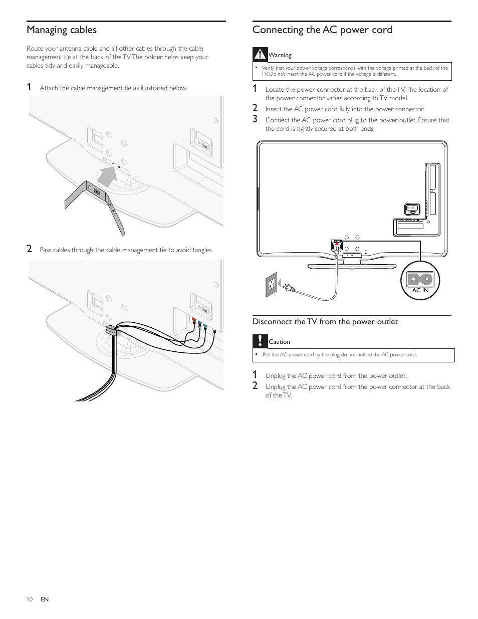 Managing cables, Connecting the ac power cord | Philips 55PFL5705D-F7 User Manual | Page 11 / 45