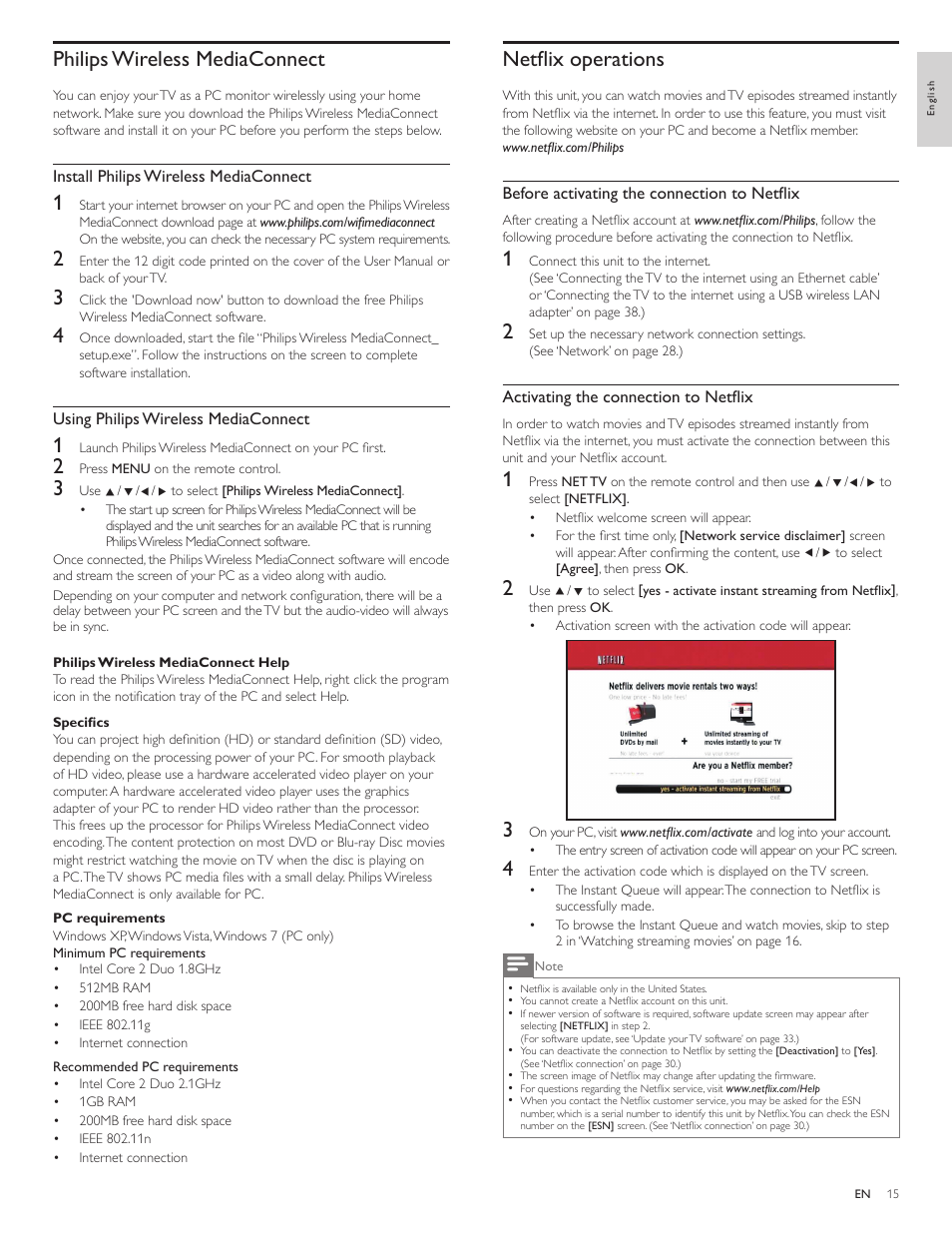 Philips wireless mediaconnect, Netfl ix operations | Philips 55PFL5705D-F7 User Manual | Page 16 / 45