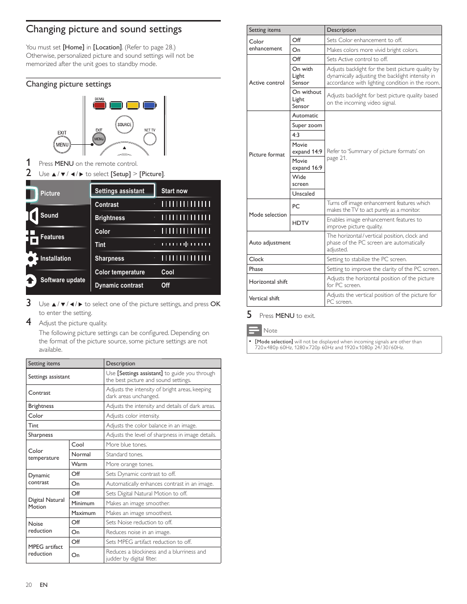 Changing picture and sound settings, Changing picture settings | Philips 55PFL5705D-F7 User Manual | Page 21 / 45