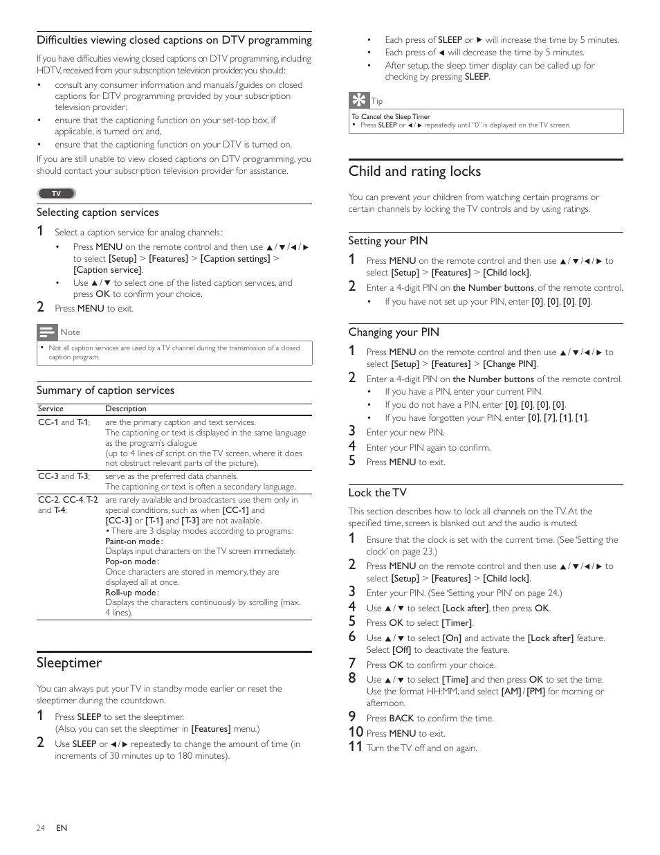 Sleeptimer, Child and rating locks | Philips 55PFL5705D-F7 User Manual | Page 25 / 45