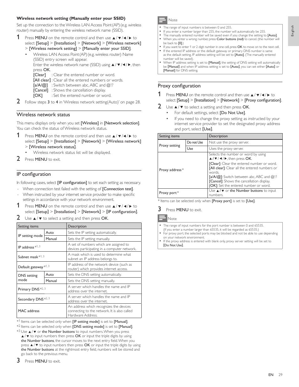Proxy confi guration, Wireless network status, Ip confi guration | Philips 55PFL5705D-F7 User Manual | Page 30 / 45