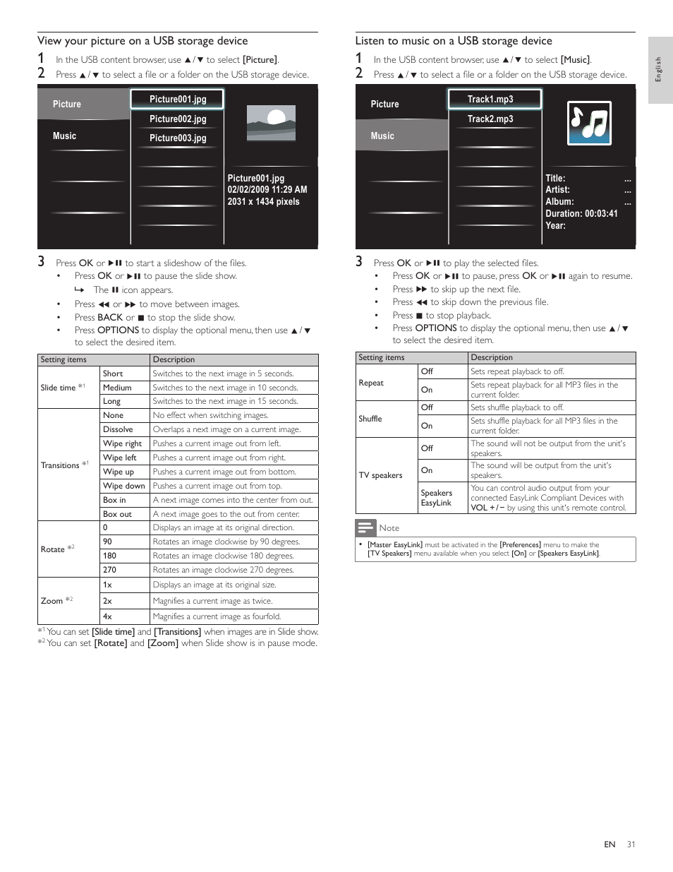 Listen to music on a usb storage device, View your picture on a usb storage device | Philips 55PFL5705D-F7 User Manual | Page 32 / 45
