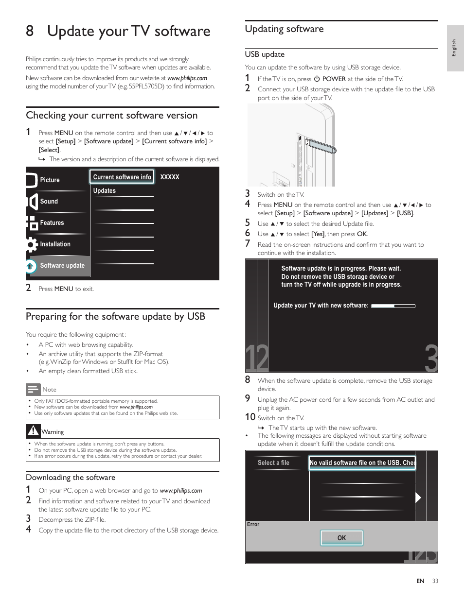 8 update your tv software, Checking your current software version, Preparing for the software update by usb | Updating software, Checking your current software version 1 | Philips 55PFL5705D-F7 User Manual | Page 34 / 45