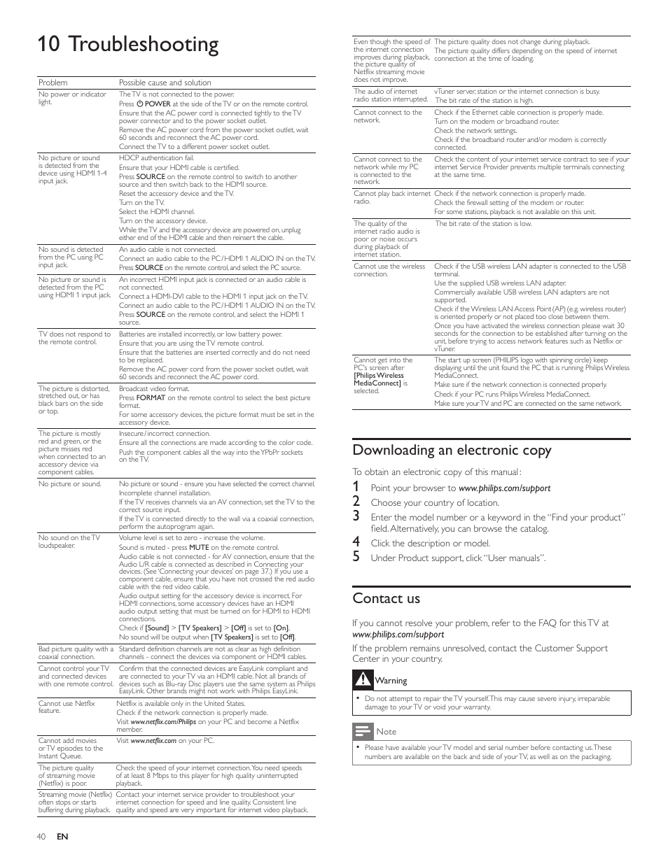 10 troubleshooting, Downloading an electronic copy, Contact us | Philips 55PFL5705D-F7 User Manual | Page 41 / 45