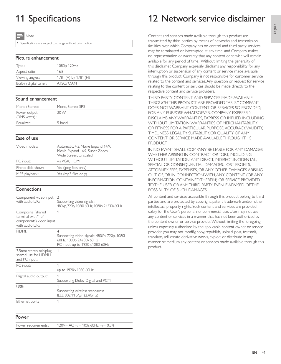 11 specifications, 12 network service disclaimer | Philips 55PFL5705D-F7 User Manual | Page 42 / 45