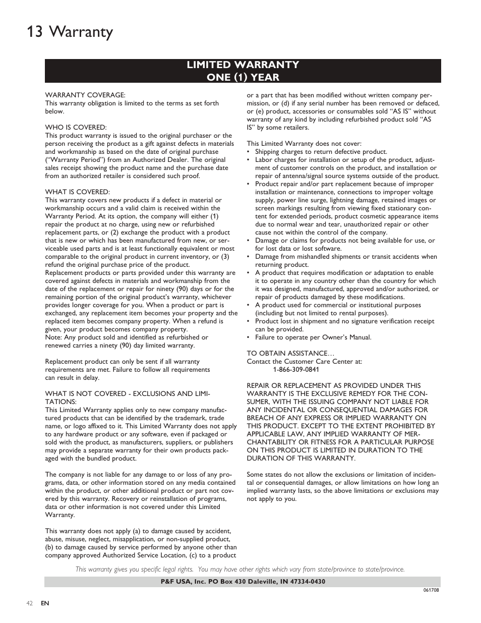 13 warranty, Limited warranty one (1) year | Philips 55PFL5705D-F7 User Manual | Page 43 / 45