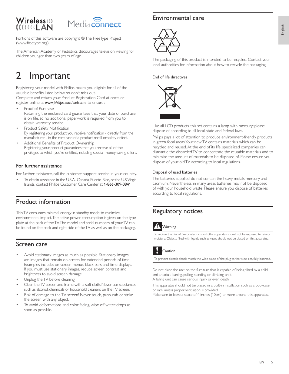 2 important, Product information, Screen care | Environmental care, Regulatory notices | Philips 55PFL5705D-F7 User Manual | Page 6 / 45