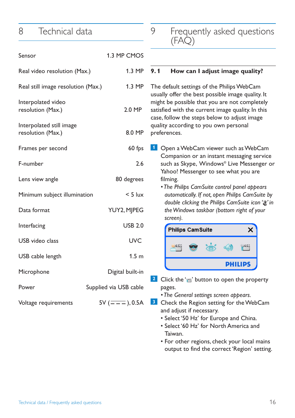 8technical data, 9frequently asked questions (faq) | Philips SPC1030NC-27 User Manual | Page 16 / 20