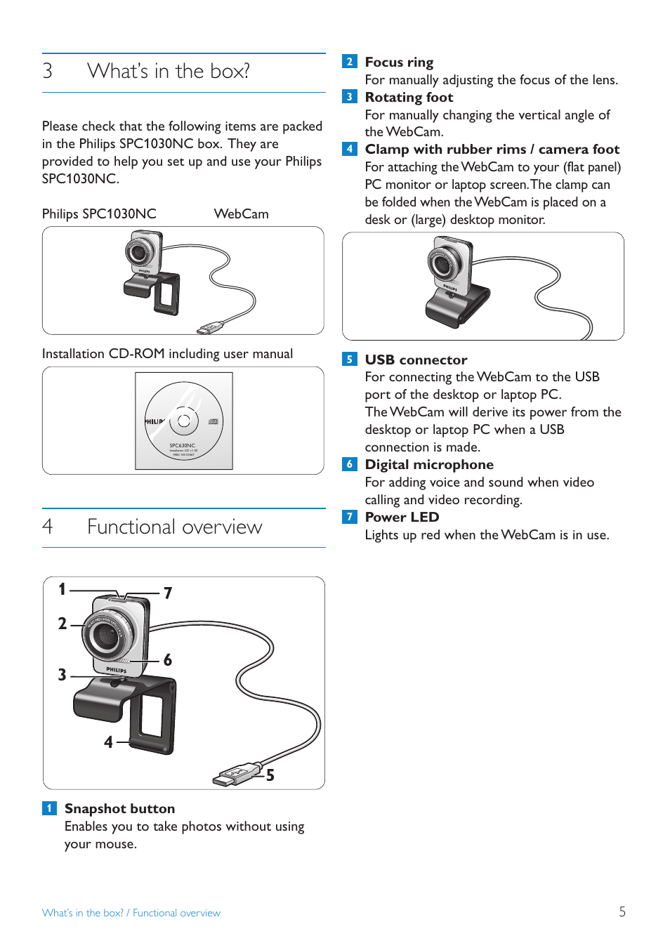 3what’s in the box, 4functional overview | Philips SPC1030NC-27 User Manual | Page 5 / 20