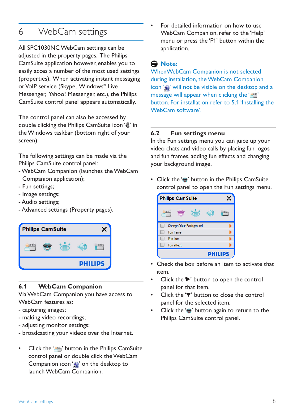6webcam settings | Philips SPC1030NC-27 User Manual | Page 8 / 20