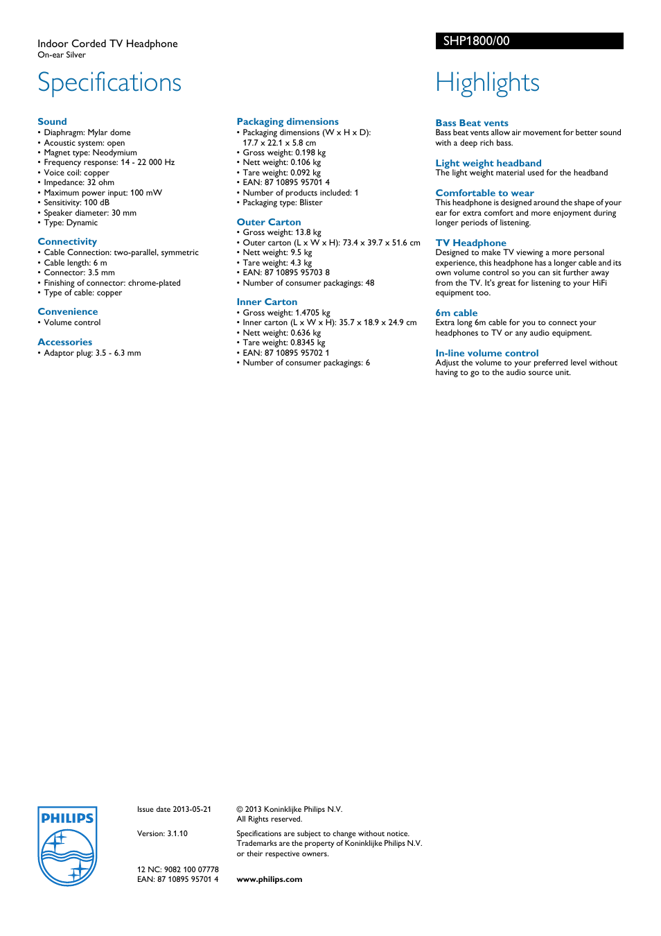 Specifications, Highlights | Philips SHP1800-00 User Manual | Page 2 / 2