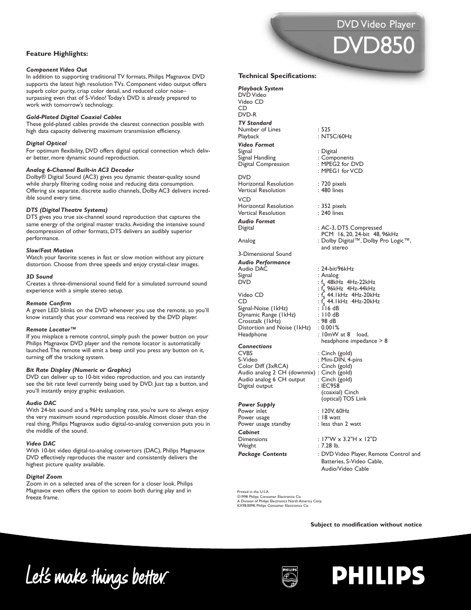 Dvd850, Dvd video player | Philips DVD850AT User Manual | Page 2 / 2