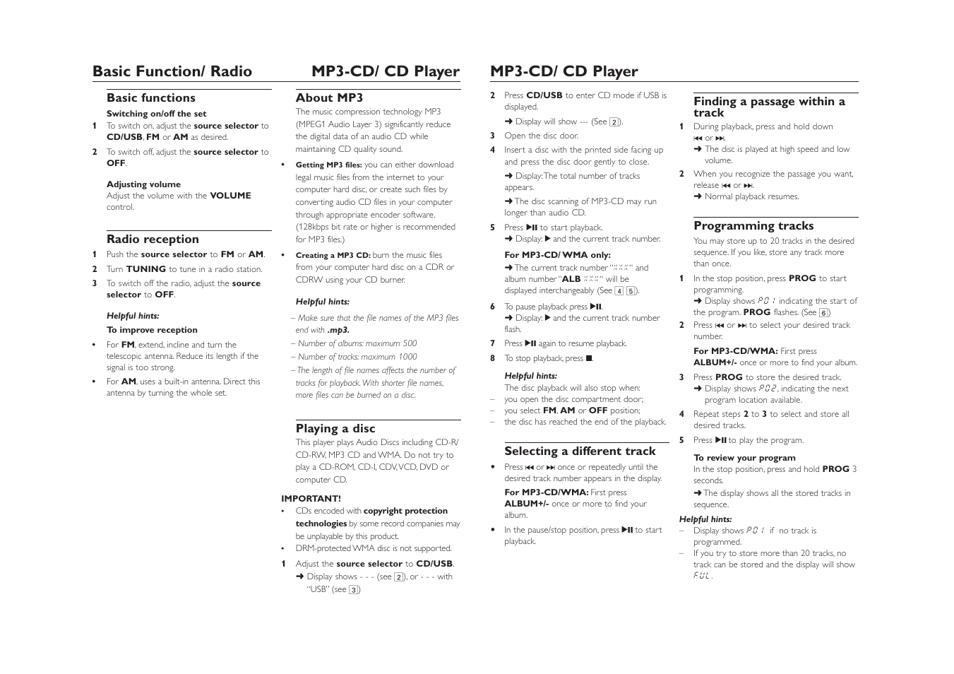 Basic function/ radio mp3-cd/ cd player, Mp3-cd/ cd player | Philips AZ1836-37 User Manual | Page 6 / 9