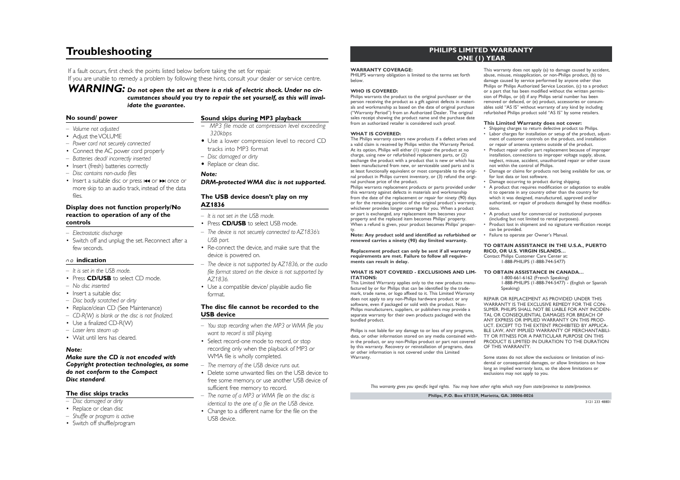 Troubleshooting, Warning | Philips AZ1836-37 User Manual | Page 9 / 9