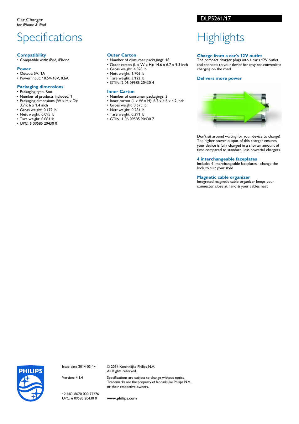 Specifications, Highlights | Philips DLP5261-17 User Manual | Page 2 / 2