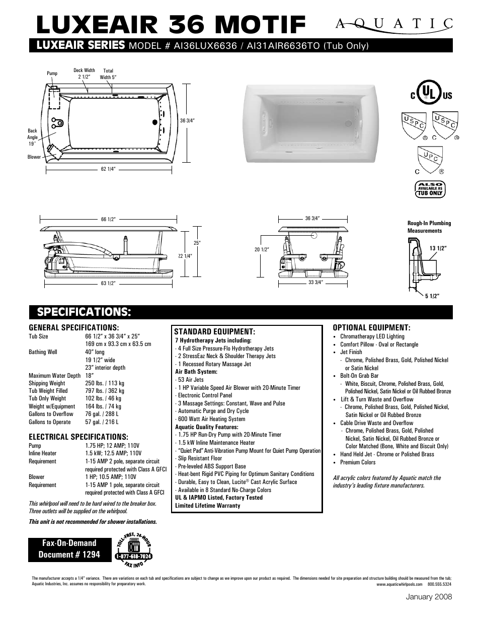 Aquatic LUXEAIR 36 MOTIF AI36lUX6636 User Manual | 1 page