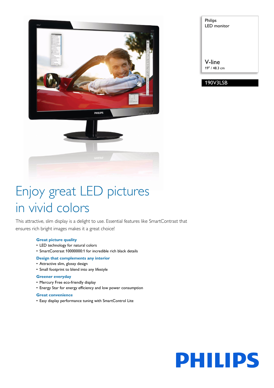 Philips LED monitor 190V3LSB V-line 19" - 48.3 cm User Manual | 2 pages