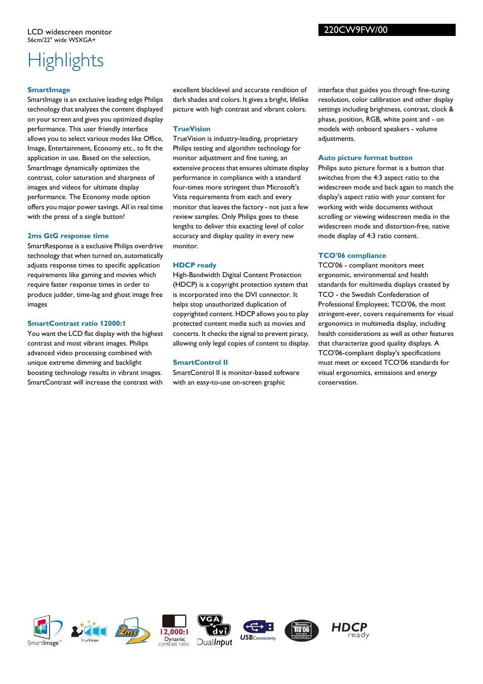 Highlights | Philips 220CW9FW-00 User Manual | Page 2 / 3