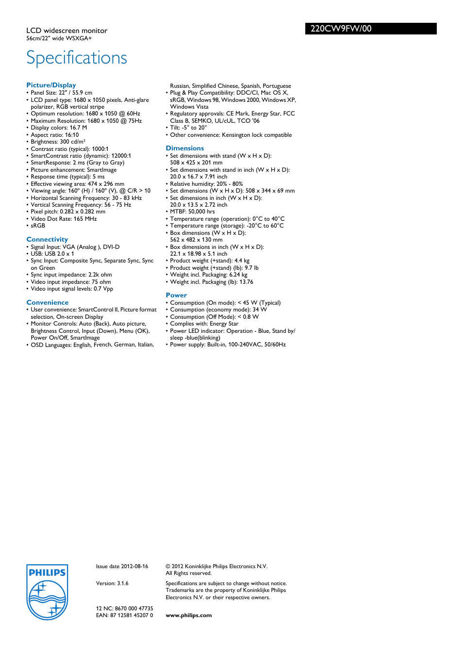 Specifications | Philips 220CW9FW-00 User Manual | Page 3 / 3