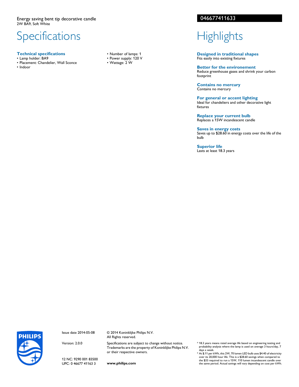 Specifications, Highlights | Philips 046677411633 User Manual | Page 2 / 2