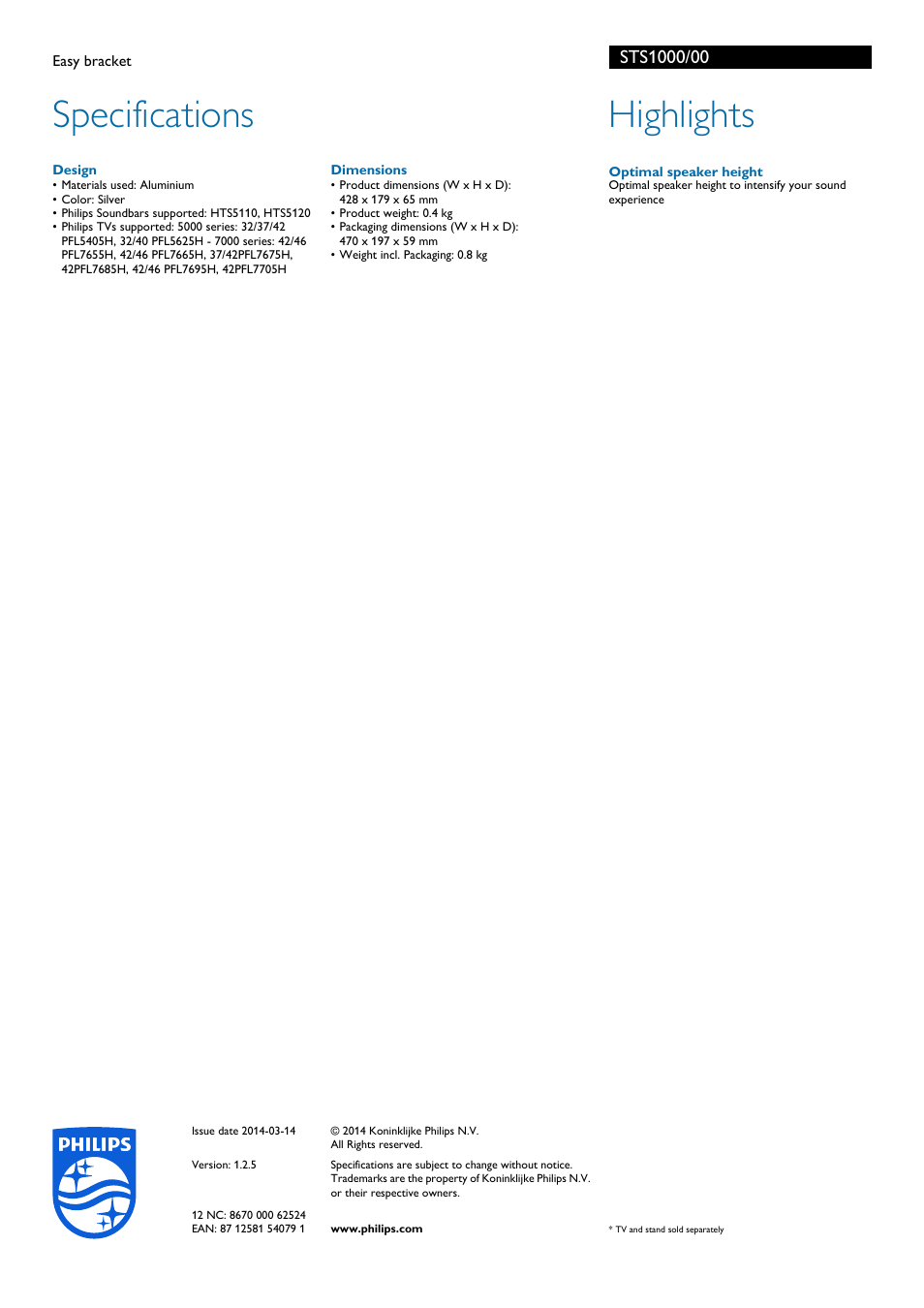 Specifications, Highlights | Philips STS1000-00 User Manual | Page 2 / 2