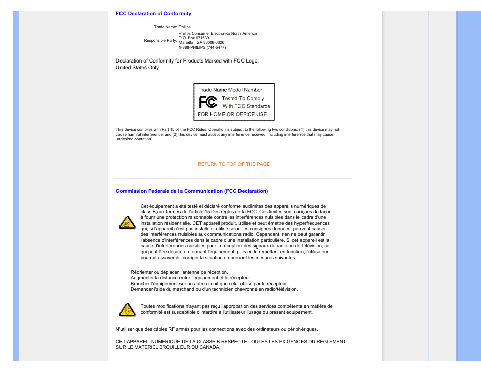 Commission federale de la, Communication (fcc declaration) | Philips LCD monitor 170S7FB 43 cm 17" SXGA User Manual | Page 19 / 99