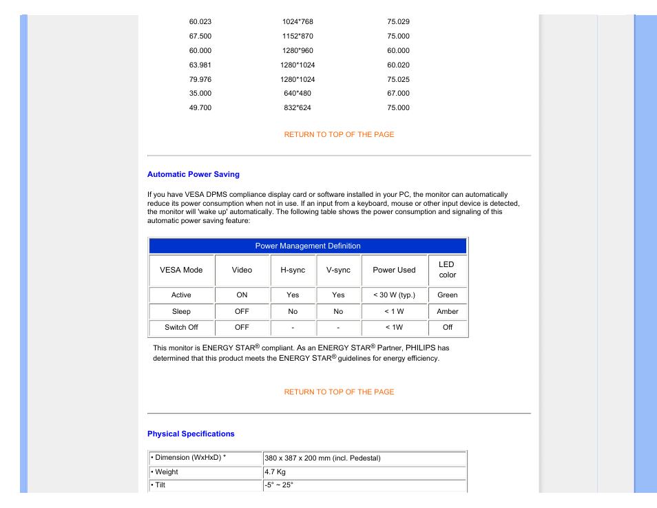 Automatic power saving, Physical specification | Philips LCD monitor 170S7FB 43 cm 17" SXGA User Manual | Page 31 / 99