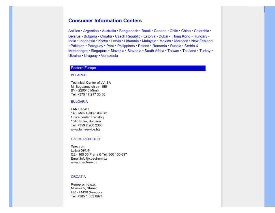 Consumer information centers, For help and service, please contact, Consumers information center | Philips LCD monitor 170S7FB 43 cm 17" SXGA User Manual | Page 71 / 99