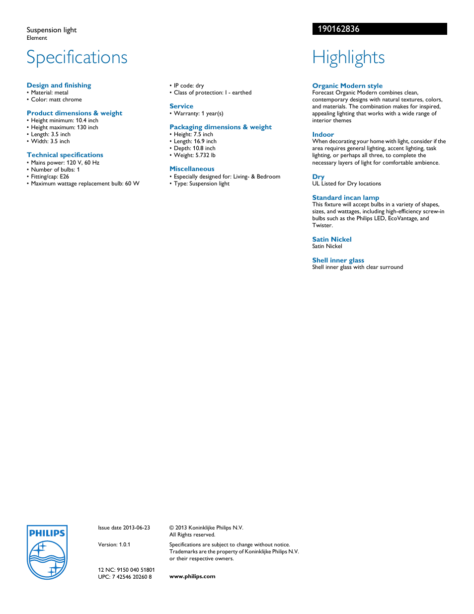 Specifications, Highlights | Philips 190162836 User Manual | Page 2 / 2