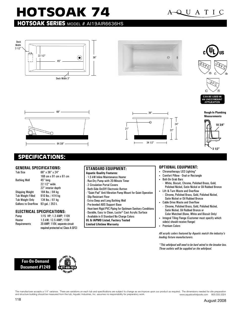 Aquatic HOTSOAK 74 AI19AIR6636HS User Manual | 1 page