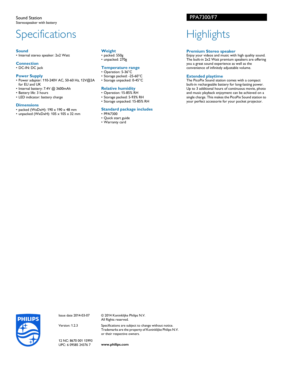 Specifications, Highlights | Philips PPA7300-F7 User Manual | Page 2 / 2