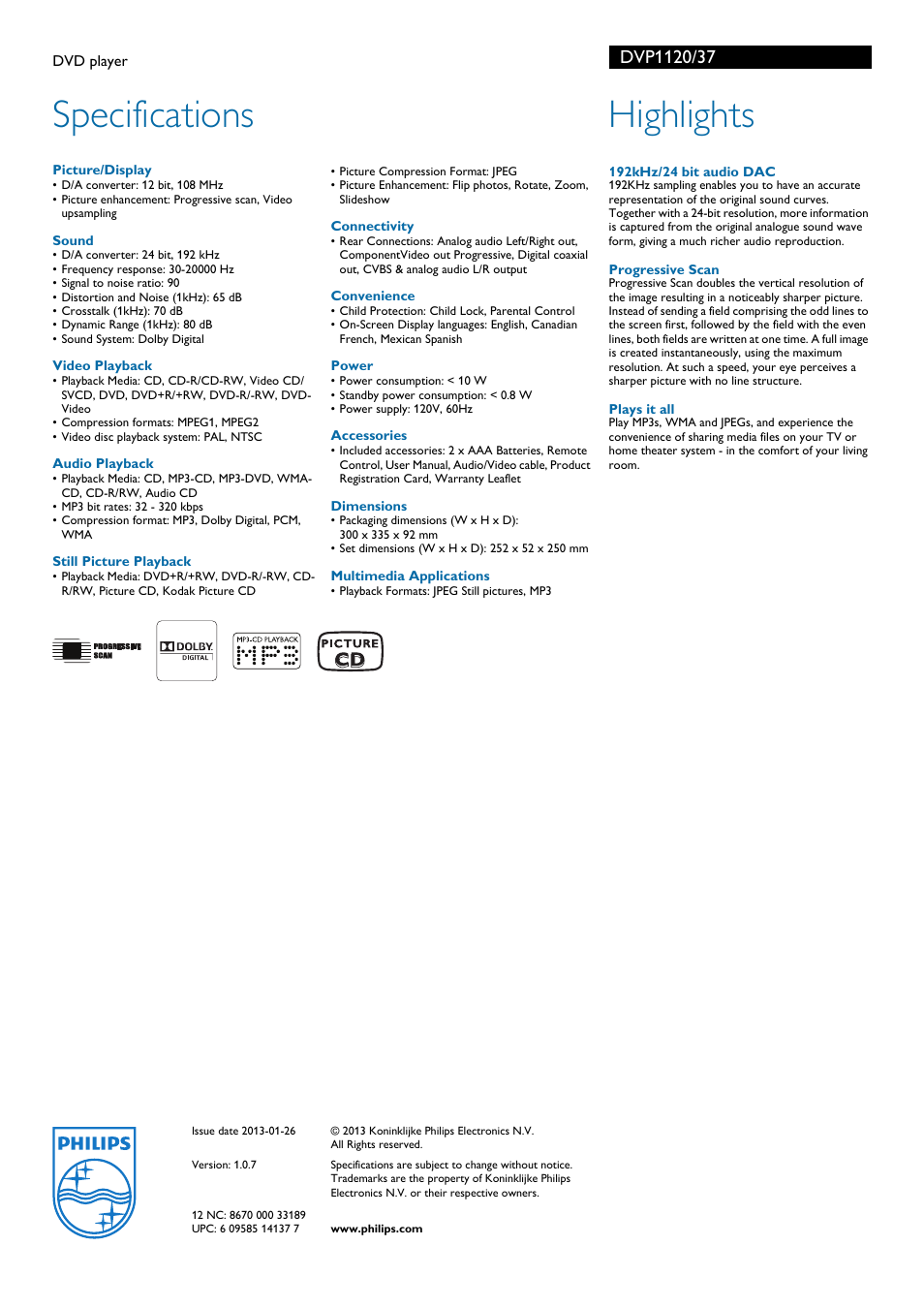 Specifications, Highlights | Philips DVP1120-37 User Manual | Page 2 / 2