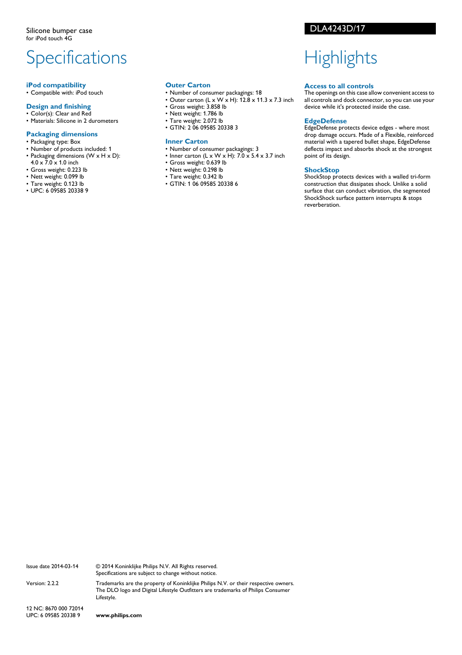 Specifications, Highlights | Philips DLA4243D-17 User Manual | Page 2 / 2