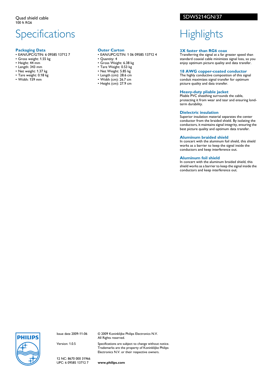 Specifications, Highlights | Philips SDW5214GN-37 User Manual | Page 2 / 2