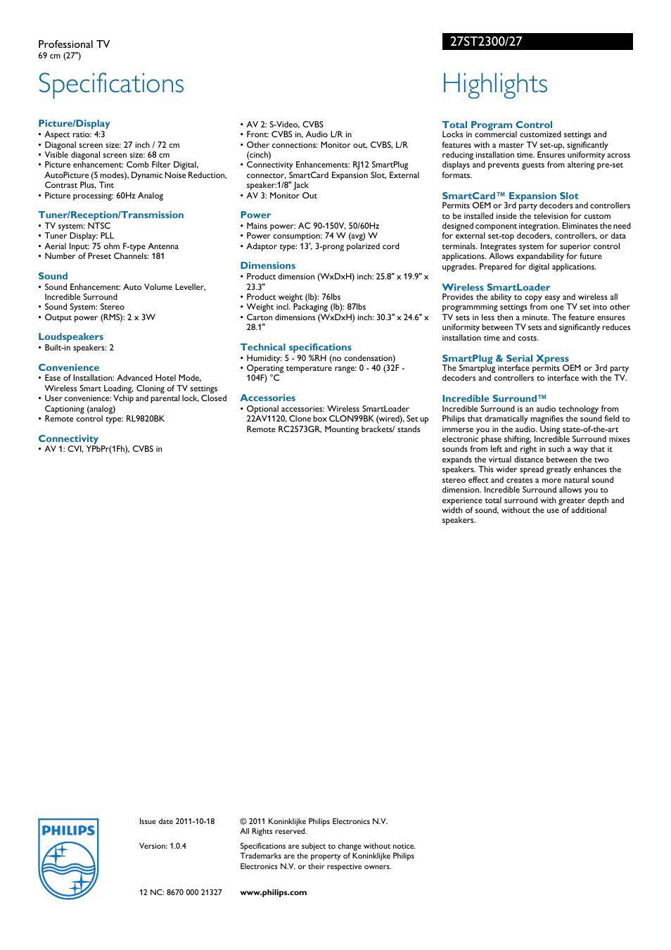 Specifications, Highlights | Philips 27ST2300-27B User Manual | Page 2 / 2