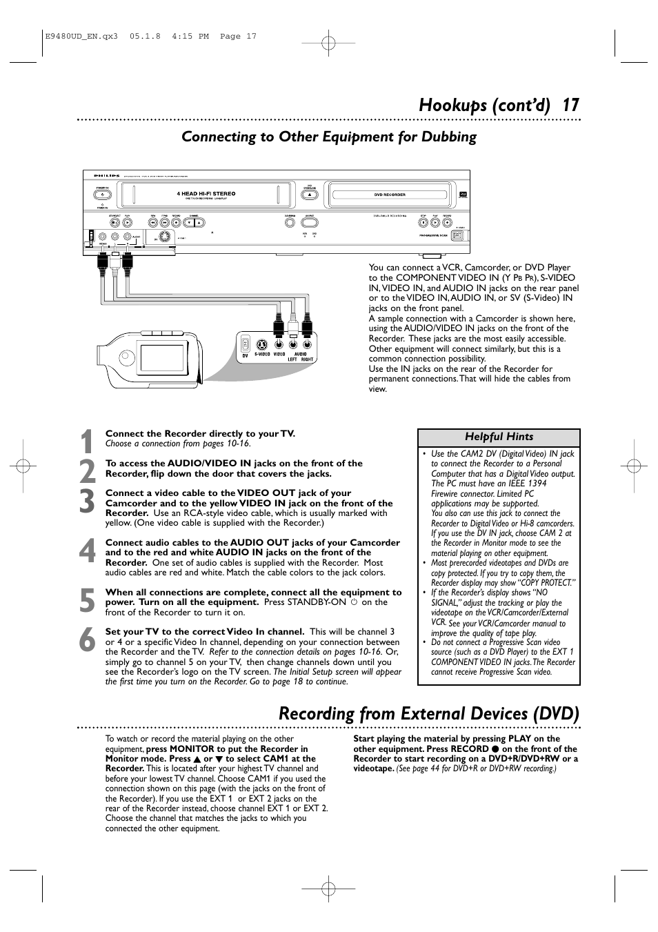 Hookups (cont’d) 17, Recording from external devices (dvd), Connecting to other equipment for dubbing | Philips DVDR600VR-37B User Manual | Page 17 / 88